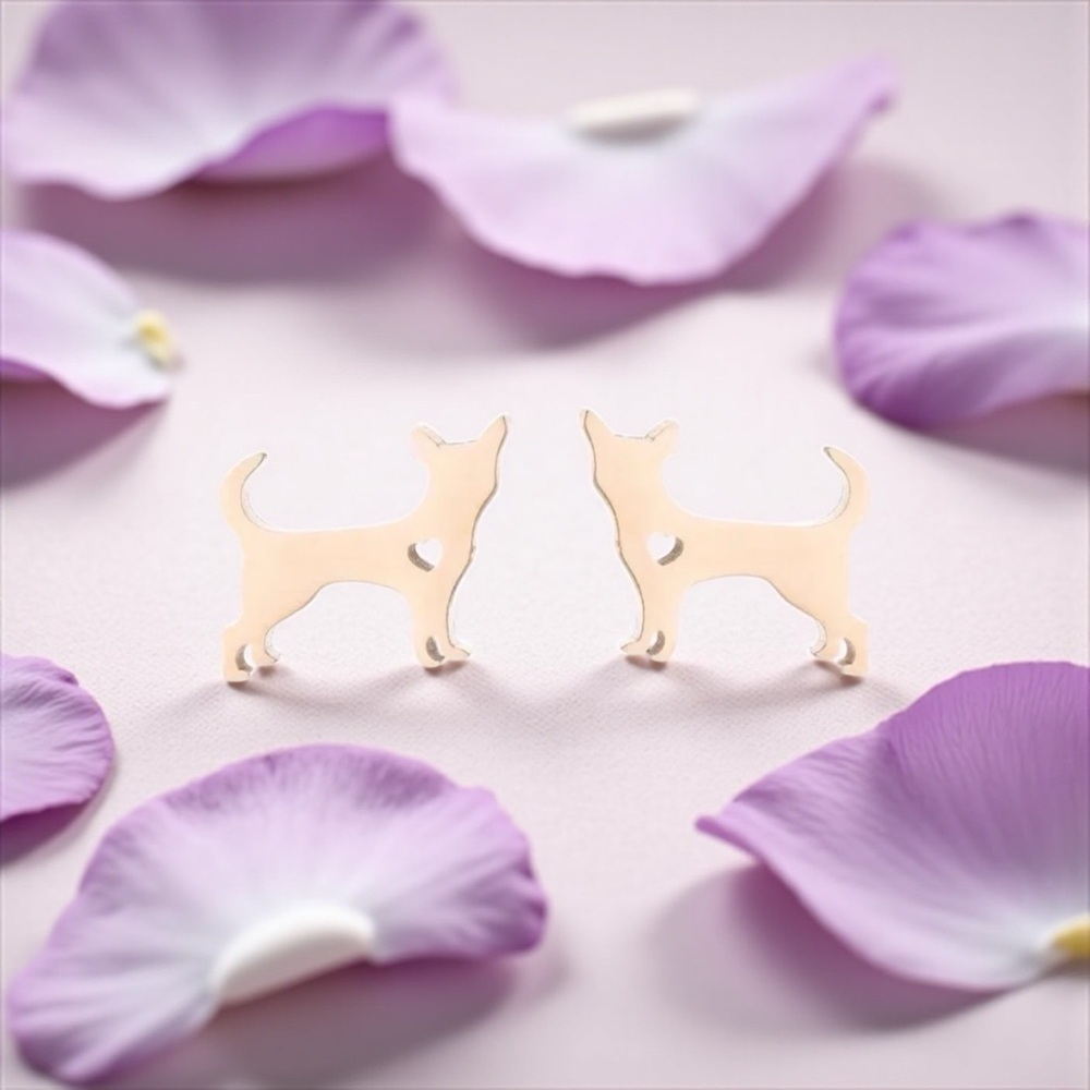 Cute Rose Gold Dog Stud Earrings With A Heart Design - NWOT